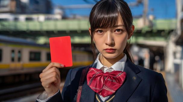 レッドカードを掲げる女子高生と電車の写真