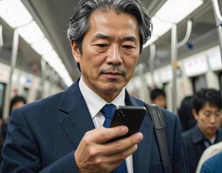 ビジネスシーン・地下鉄出張、スマホを見る ビジネスシーン・地下鉄出張、スマホを見るの写真