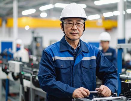 工場で機械を組み立てるベテラン作業員の写真