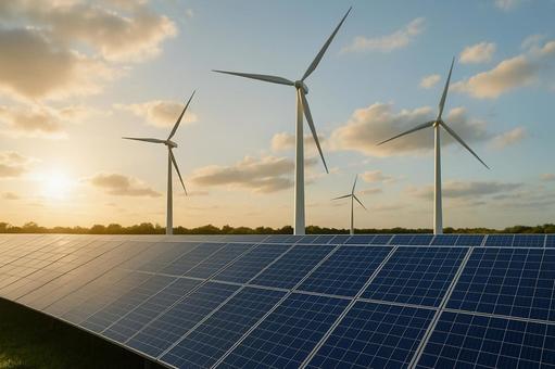 風力発電とソーラーパネルが夕暮れに映える 風力発電とソーラーパネルが夕暮れに映えるの写真