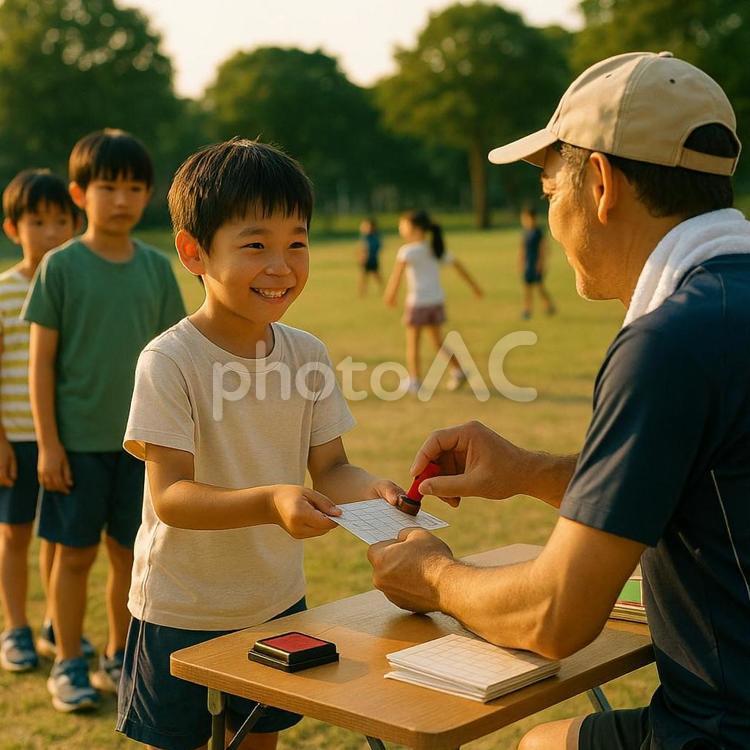 夏休みの早朝ラジオ体操に初参加 夏,summer,運動会の写真素材