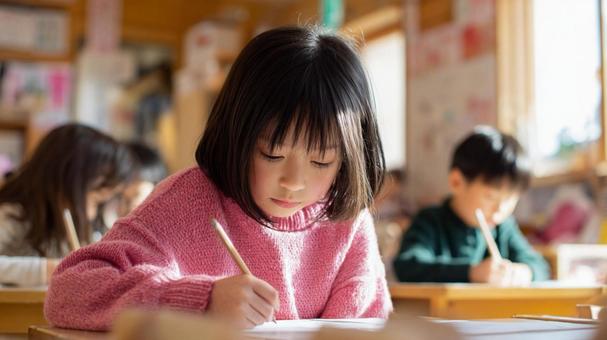 集中して書く子供 集中して書く子供の写真