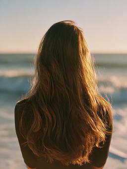 夕日に染まる海を見つめる女性の後ろ姿 夕日に染まる海を見つめる女性の後ろ姿の写真