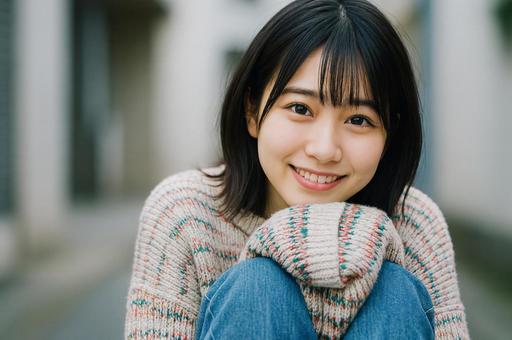 ニットとジーンズで座って笑顔の女性の写真