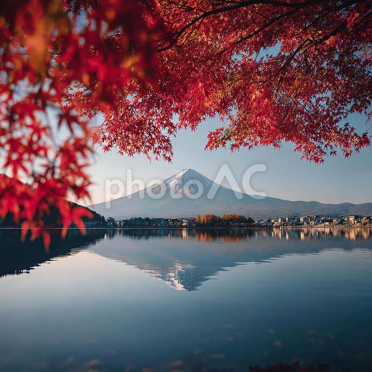 秋の富士山、紅葉との調和 富士山,湖,水面の写真素材