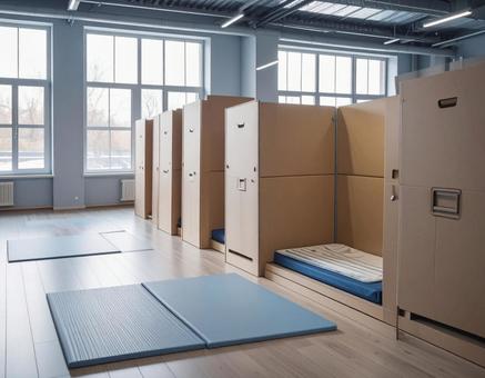 避難所で間仕切りされた個別空間 避難所で間仕切りされた個別空間の写真