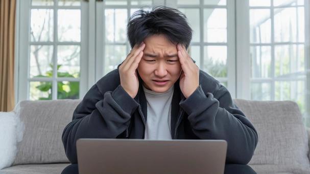 PCの前で頭を抱える男性 04 PCの前で頭を抱える男性 04の写真