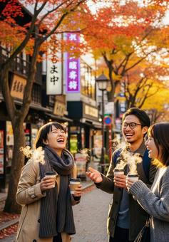 秋の旅先で楽しむ若者たちの写真