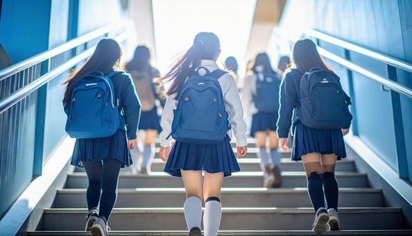 階段を登る日本人の高校生たち 階段を登る日本人の高校生たちの写真