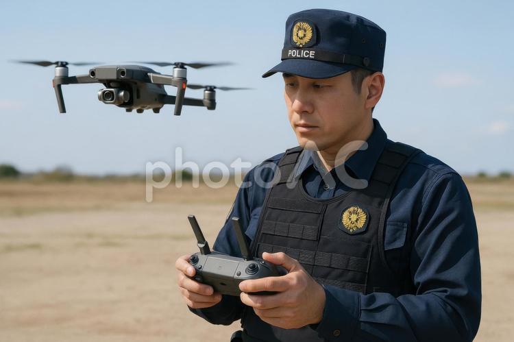 ドローンを操作する警察隊員 警察官,日本,ドローンの写真素材