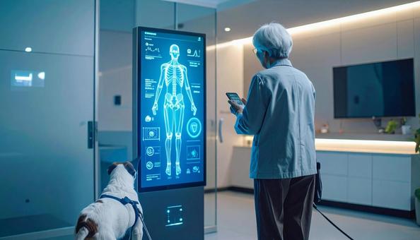 高齢女性がペットと一健康データを確認するの写真