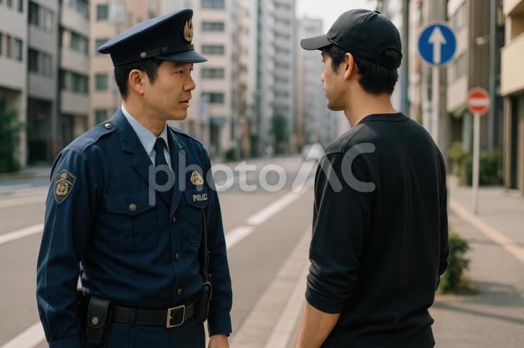 職務質問をする警察官 警察官,職務質問,街角の写真素材