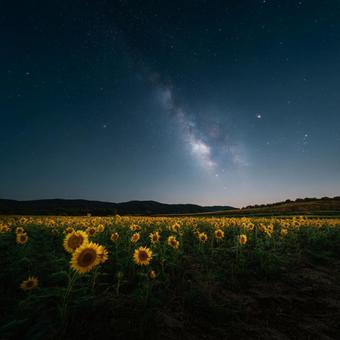 星空の下、輝くひまわり畑の幻想的な夜の写真