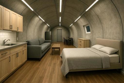 地下シェルターの居住空間とモダンな家具付 地下シェルターの居住空間とモダンな家具付の写真