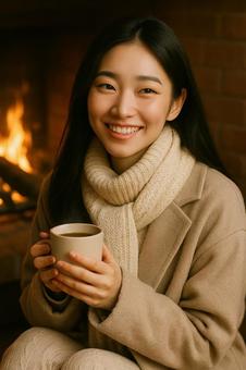 暖炉の前で微笑む女性ポートレート 暖炉の前で微笑む女性ポートレートの写真