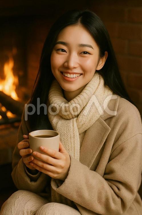 暖炉の前で微笑む女性ポートレート 冬,女性,室内の写真素材