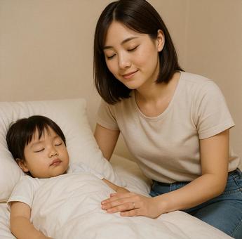 寝かしつける母親 寝かしつける母親の写真