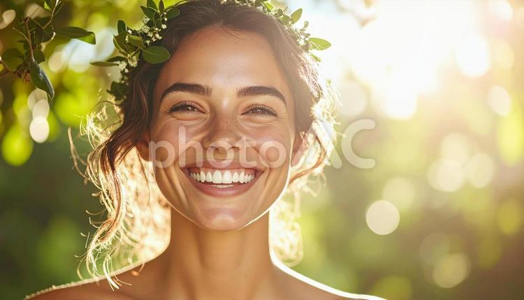 自然の光に包まれる穏やかな笑顔 女性,微笑み,木漏れ日の写真素材