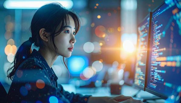 未来的なオフィスで作業するプログラマー 未来的なオフィスで作業するプログラマーの写真