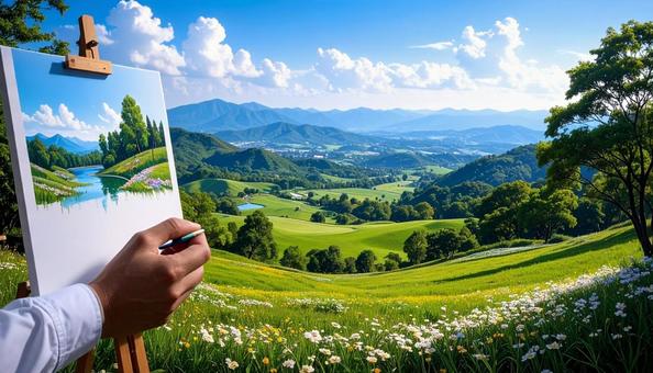 自然の緑の色を塗る手元 自然の緑の色を塗る手元の写真