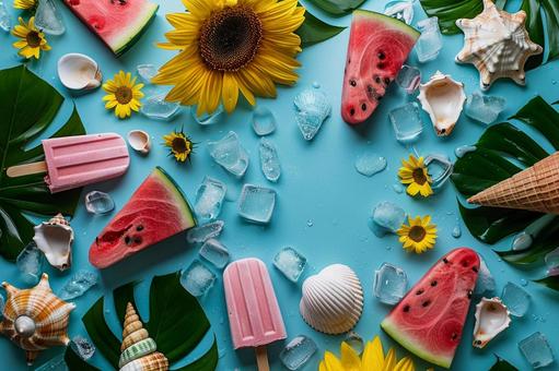向日葵とスイカとアイスの夏イメージ 向日葵とスイカとアイスの夏イメージの写真