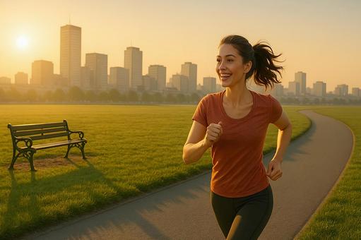 ランニングする女性と、朝焼けの風景 ランニングする女性と、朝焼けの風景の写真