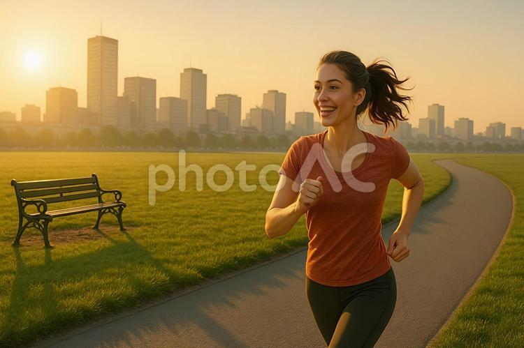ランニングする女性と、朝焼けの風景 ランニング,女性,走るの写真素材