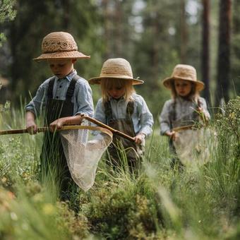 夏の森で虫取りを楽しむ子供たち 夏の森で虫取りを楽しむ子供たちの写真
