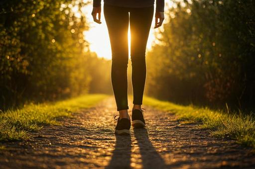 夕日に照らされながら小道を歩く女性の足元 夕日に照らされながら小道を歩く女性の足元の写真