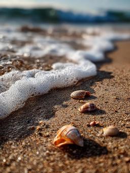 砂浜に輝く貝殻と白波 砂浜に輝く貝殻と白波の写真