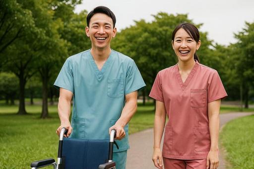 看護師男女（屋外）の写真