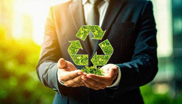 リサイクルマークを持つ日本人ビジネスマンの写真