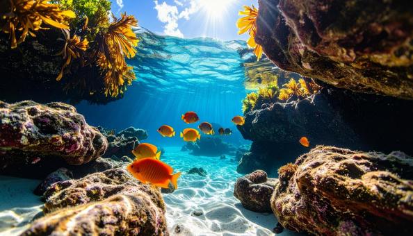 海中から見た岩場に泳ぐ熱帯魚 海中から見た岩場に泳ぐ熱帯魚の写真