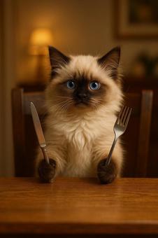 ナイフとフォークをもって食事を待つ猫2の写真