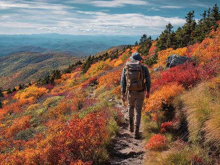 紅葉とハイカーの後ろ姿 紅葉とハイカーの後ろ姿の写真