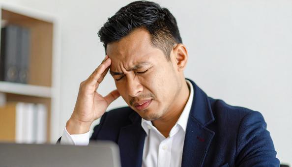 頭を押さえて悩む日本人男性ビジネスマン 頭を押さえて悩む日本人男性ビジネスマンの写真
