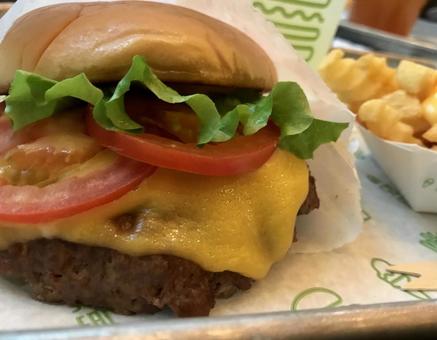 チェダーチーズたっぷりのハンバーガー ハンバーガー,チーズバーガー,フライドポテトの写真素材