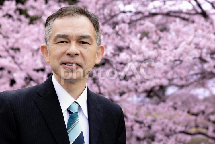 桜を見て笑顔のビジネスマン 桜,春,人物の写真素材