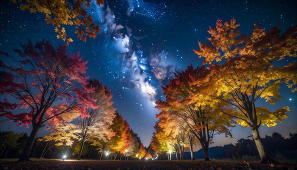 紅葉並木と天の川の幻想夜景 紅葉並木と天の川の幻想夜景の写真