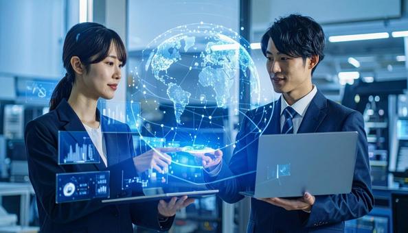 ホログラムのデータを見ながら議論 ホログラムのデータを見ながら議論の写真