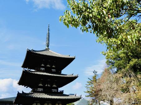 National treasure Kofuku-ji Temple three-story pagoda on a clear autumn day 2, JPG