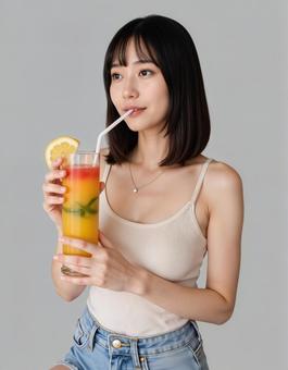 夏らしい飲み物を楽しむ女性(AI生成) 夏らしい飲み物を楽しむ女性(AI生成)の写真