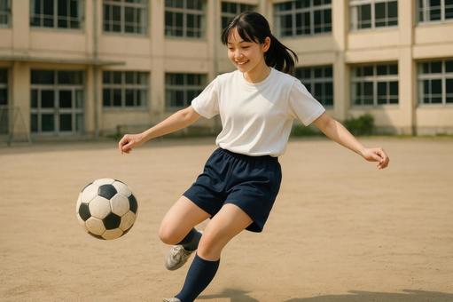 校庭でボールを蹴る中学生女子 校庭でボールを蹴る中学生女子の写真