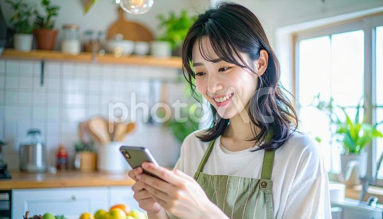スマホでポイ活する笑顔の女性 スマホ,ポイ活,リビングの写真素材