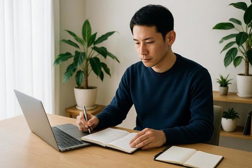 自宅で予定確認する男性 自宅で予定確認する男性の写真
