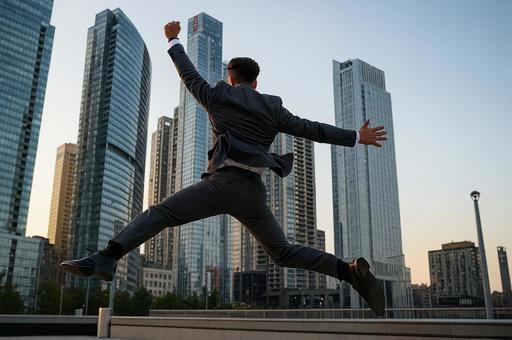朝の都会ビル群とジャンプする男性 朝の都会ビル群とジャンプする男性の写真