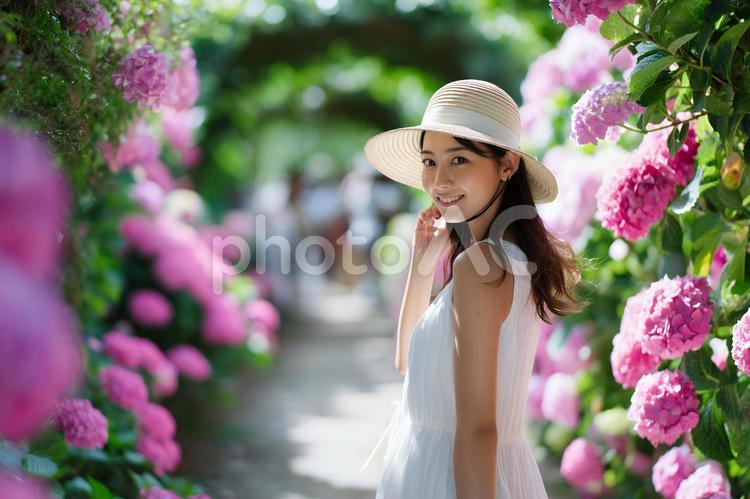 花トンネルで微笑み 女性,紫陽花,麦わら帽子の写真素材