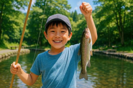 水辺で魚を釣る少年 水辺で魚を釣る少年の写真