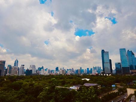 パノラマのルンピニー公園と高層ビルの絶景 パノラマのルンピニー公園と高層ビルの絶景 青空,空,スカイラインの写真素材