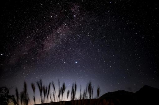 穂の向こうに、銀河のきらめき 天の川,蒜山高原,大山の写真素材